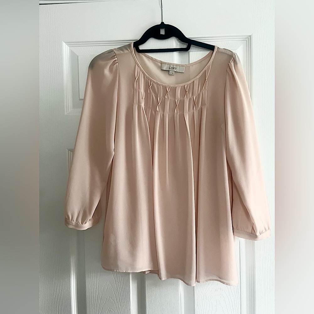LOFT Blush Pink Pleated Detail Blouse - 3/4 cinched button sleeve